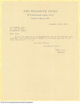 Letter by The Hogarth Press to Cavafy