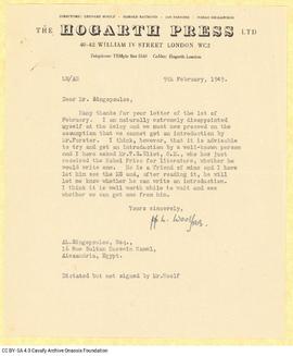 Επιστολή του L. Woolf προς τον Α. Σεγκόπουλο