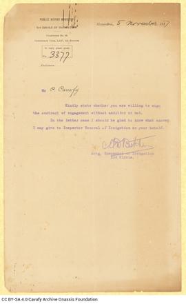 Letter from the Irrigation Service to Cavafy