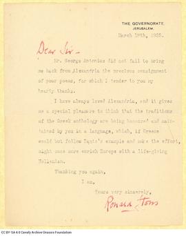 Letter by R. M. Storrs to Cavafy