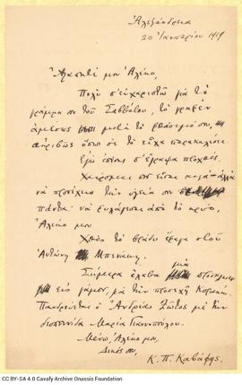 Letter by Cavafy to A. Singopoulo