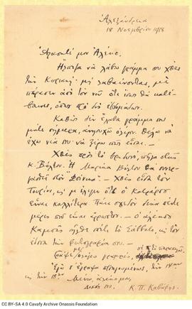 Letter by Cavafy to A. Singopoulo