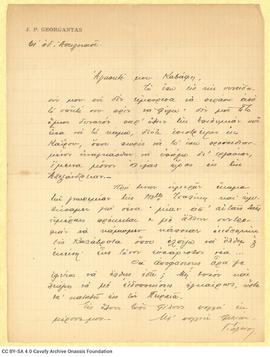 Letter by G. Georgantas to Cavafy